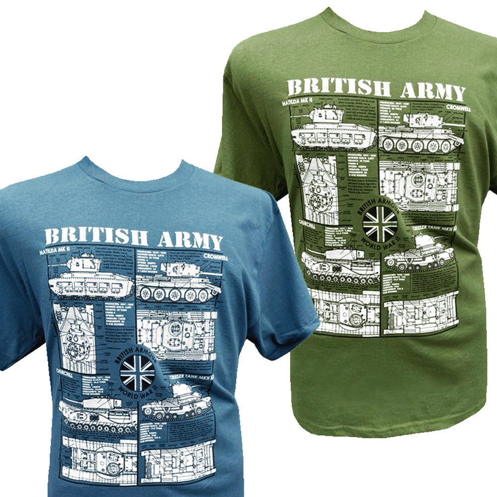 British Army WWll Tanks Matilda MkII Cromwell Churchill Cruiser Blueprint Design T Shirt