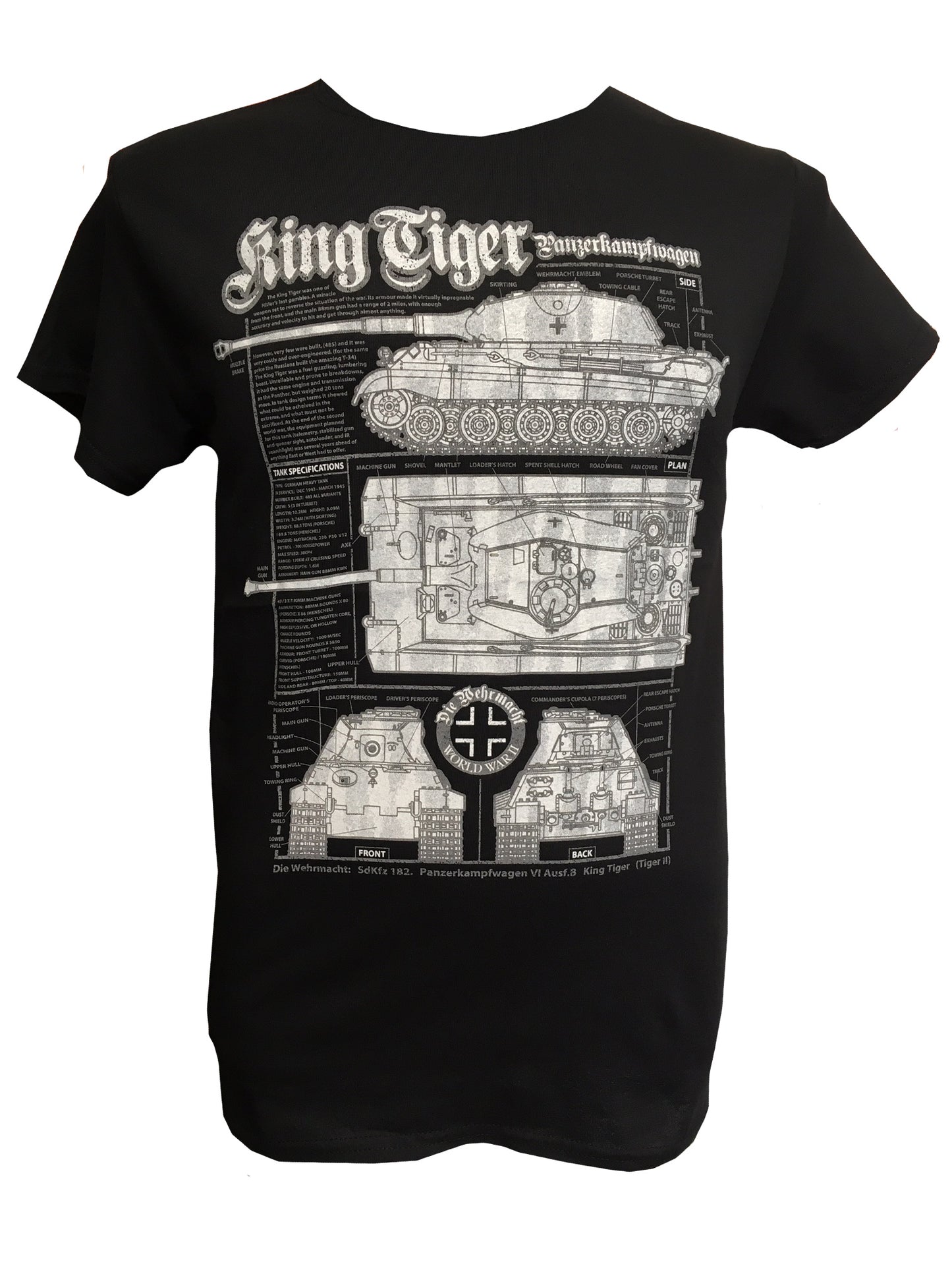 German Panzerkampfwagen WW2 King Tiger Tank Blueprint Design Black T Shirt