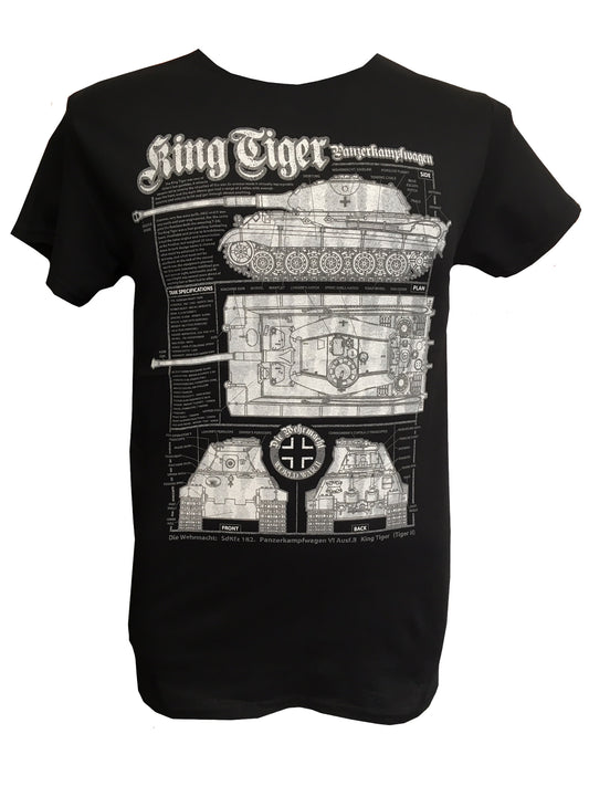 German Panzerkampfwagen WW2 King Tiger Tank Blueprint Design Black T Shirt