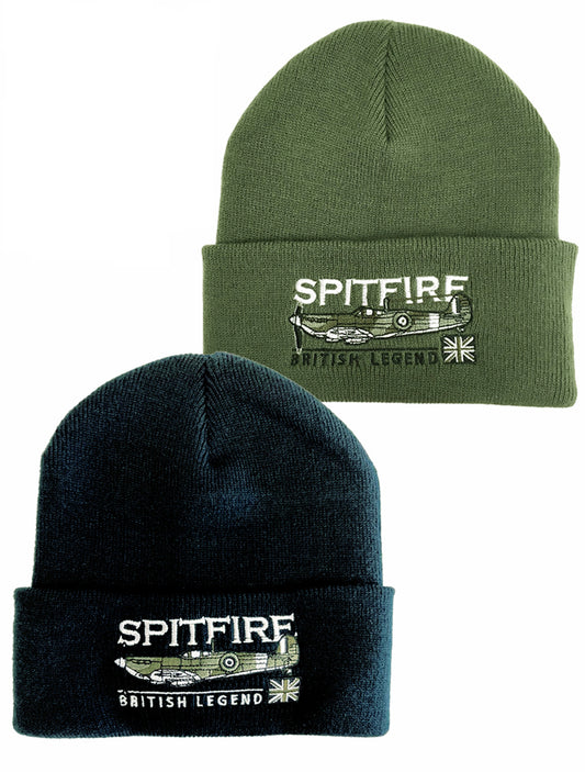 Supermarine Spitfire RAF Battle Of Britain WW2 Fighter Aircraft Embroidered Black Green Beanie Hat