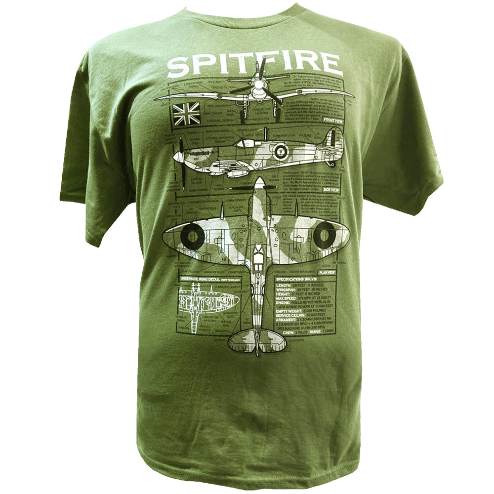 Supermarine Spitfire WW2 Battle Of Britain RAF Fighter Aircraft Blueprint Design T Shirt