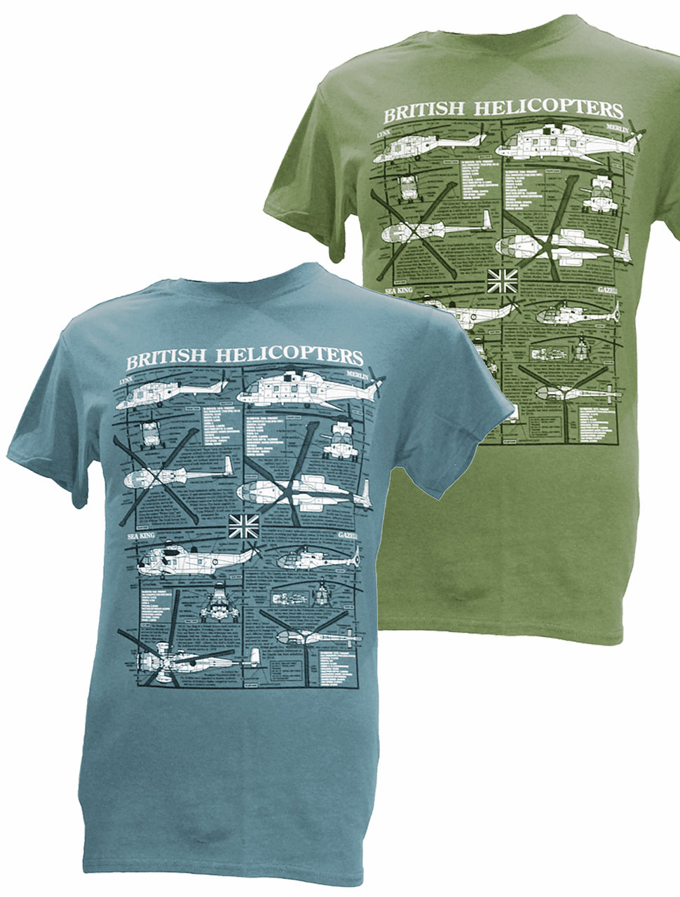 British Helicopters Lynx Merlin Sea King Gazelle Blueprint Design T Shirt