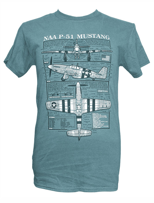 North American Aviation P 51 Mustang WW2 US Airforce RAF Fighter Aircraft Blueprint Design T Shirt