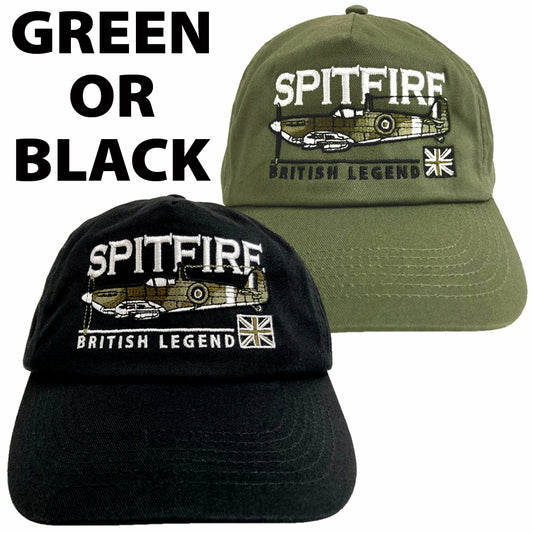 Supermarine Spitfire RAF WW11 Battle Of Britain Fighter Aircraft Embroidered Black Green Adjustable Baseball Cap