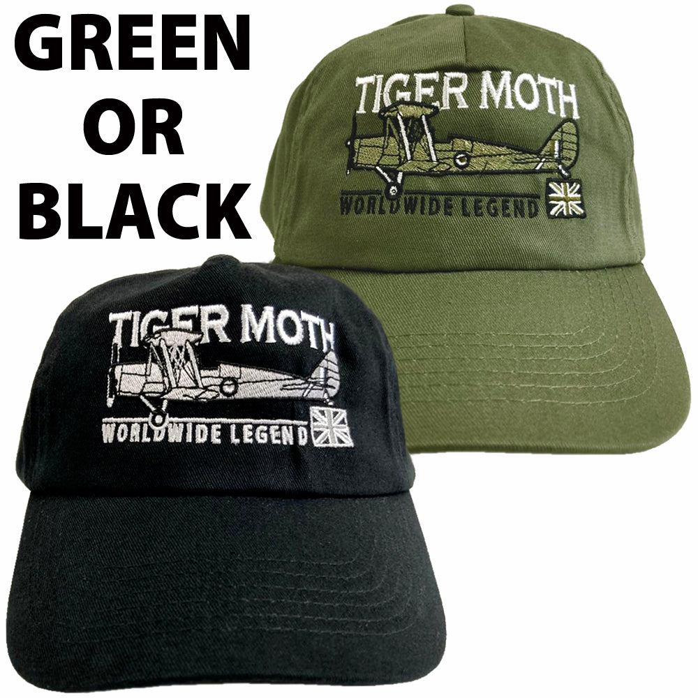 de Havilland DH 82 Tiger Moth RAF CAF RAAF RNZAF Biplane Aircraft Embroidered Black Green Adjustable Baseball Cap