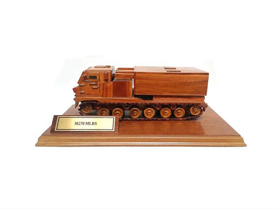 Multi Vehicle Rocket Launcher (MVRL) Military Wooden Desktop Model On A Plinth.