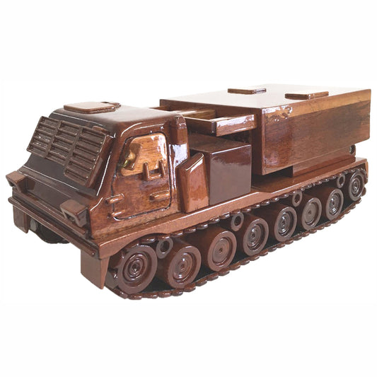 Multi Vehicle Rocket Launcher (MVRL) Military Wooden Desktop Model On A Plinth.