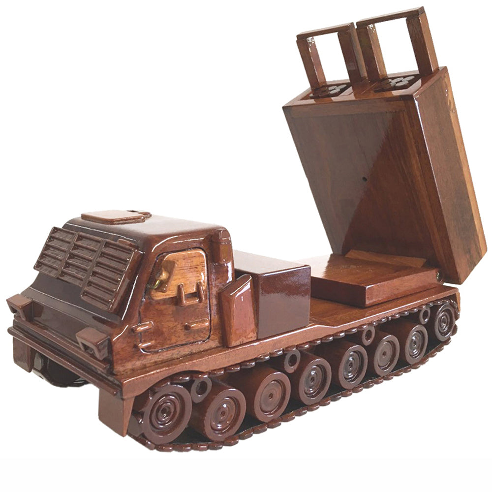 Multi Vehicle Rocket Launcher (MVRL) Military Wooden Desktop Model On A Plinth.
