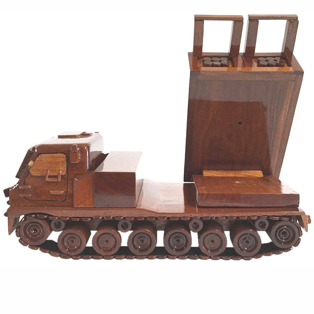 Multi Vehicle Rocket Launcher (MVRL) Military Wooden Desktop Model On A Plinth.