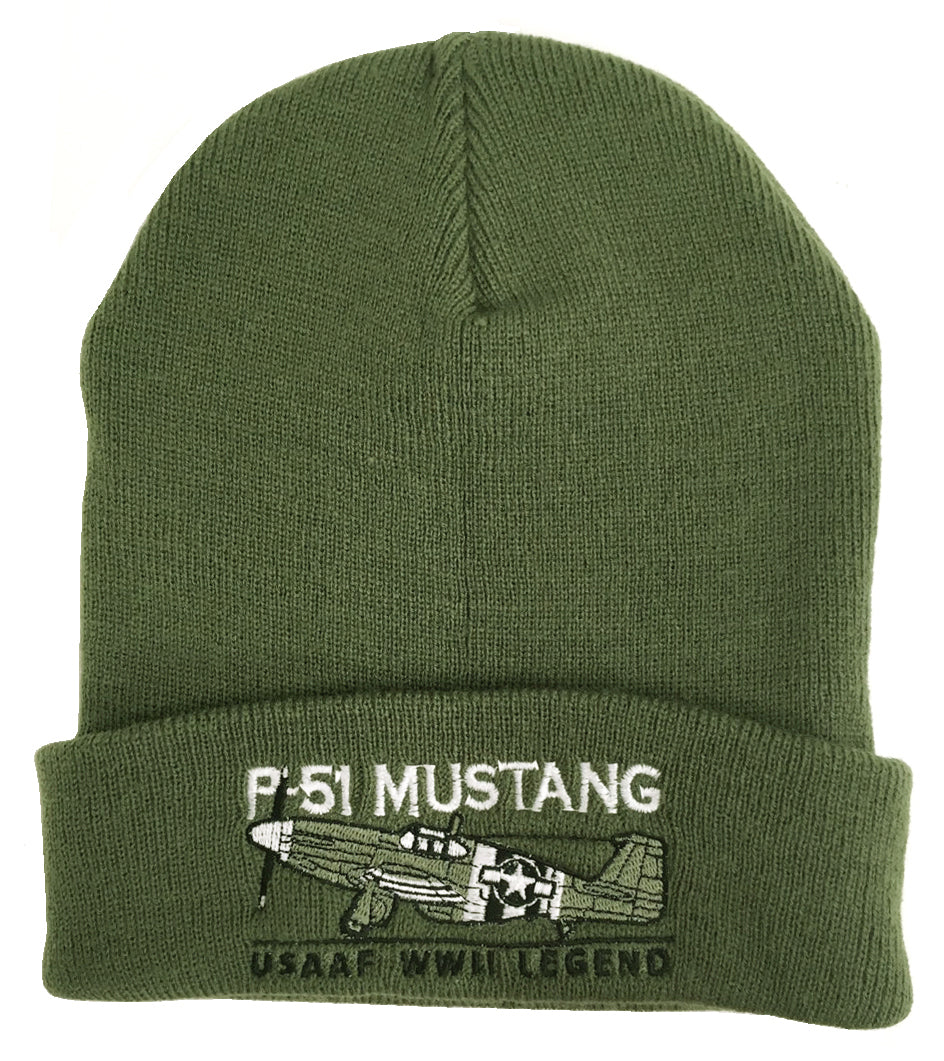 North American Aviation P 51 Mustang USAA RAF RNZAF RCAF WW2 Fighter Bomber Aircraft Embroidered Green Beanie Hat