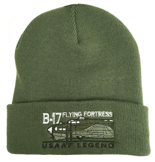 B 17 Flying Fortress Bomber USAF WW2 Aircraft Embroidered Green Beanie Hat