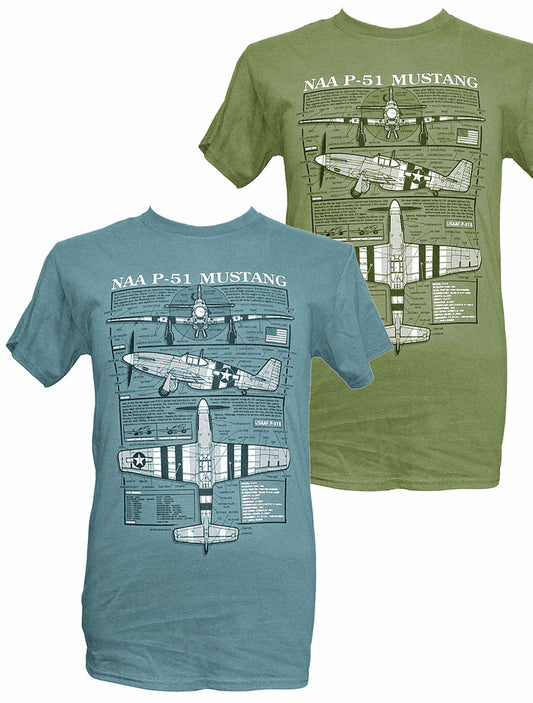 North American Aviation P 51 Mustang WW2 US Airforce RAF Fighter Aircraft Blueprint Design T Shirt