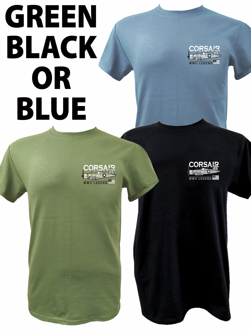 Vought F4U Corsair US Navy US Marine Corps Royal Navy RNZAF WWll Korean War Fighter Aircraft Classic Black Blue Green T Shirt Design