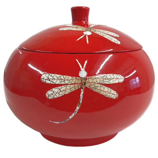 Oriental Wooden Bowl - Red Dragonfly