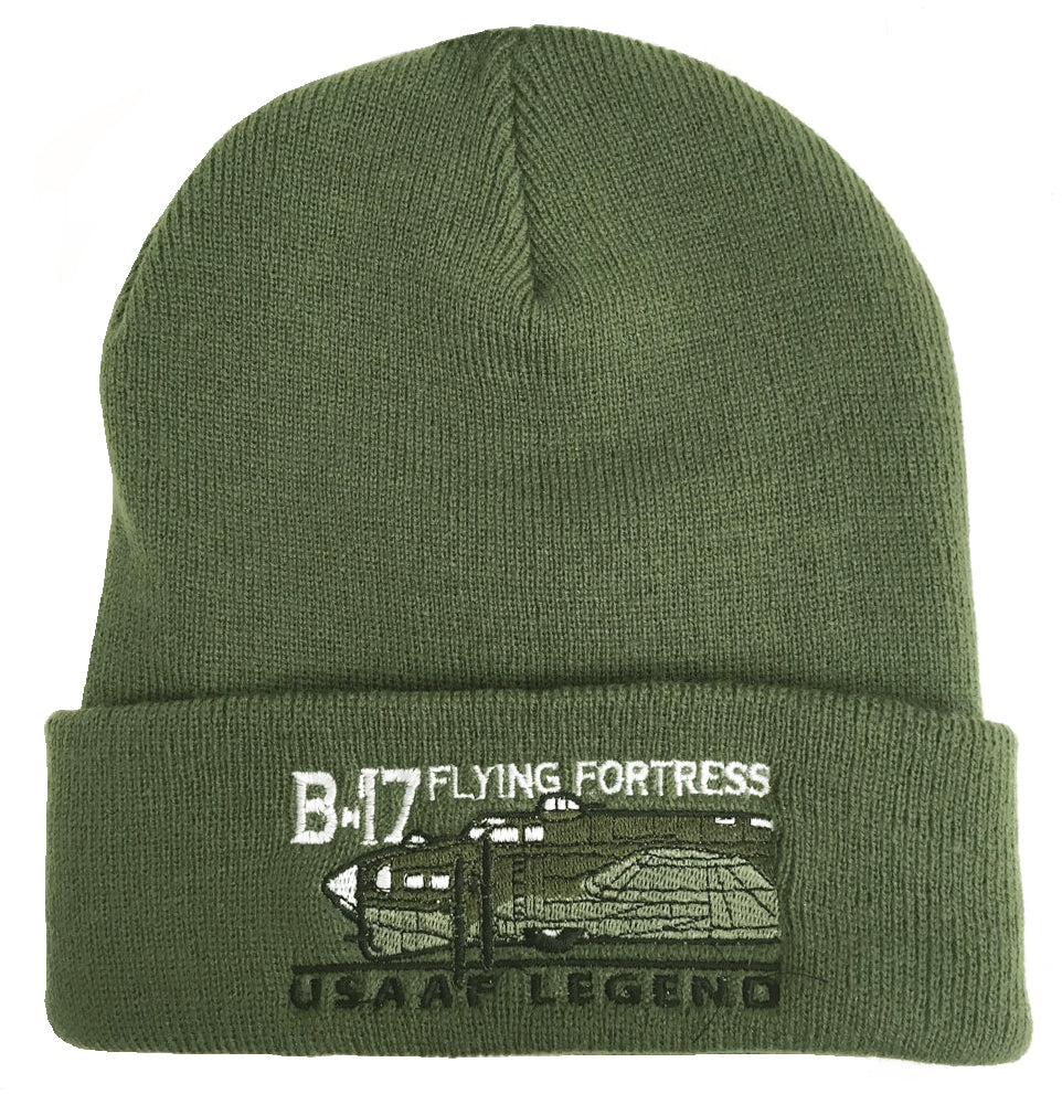 B-17 Flying Fortress USAF RAF WW2 Four Engine Heavy Bomber Aircraft Embroidered Green Beanie Hat
